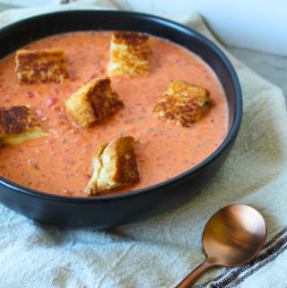 Fire Roasted Tomato Soup with Grilled Cheese Croutons Homemade Creamy Tomato Basil Soup with Grilled Cheese Strips My Farmhouse Table